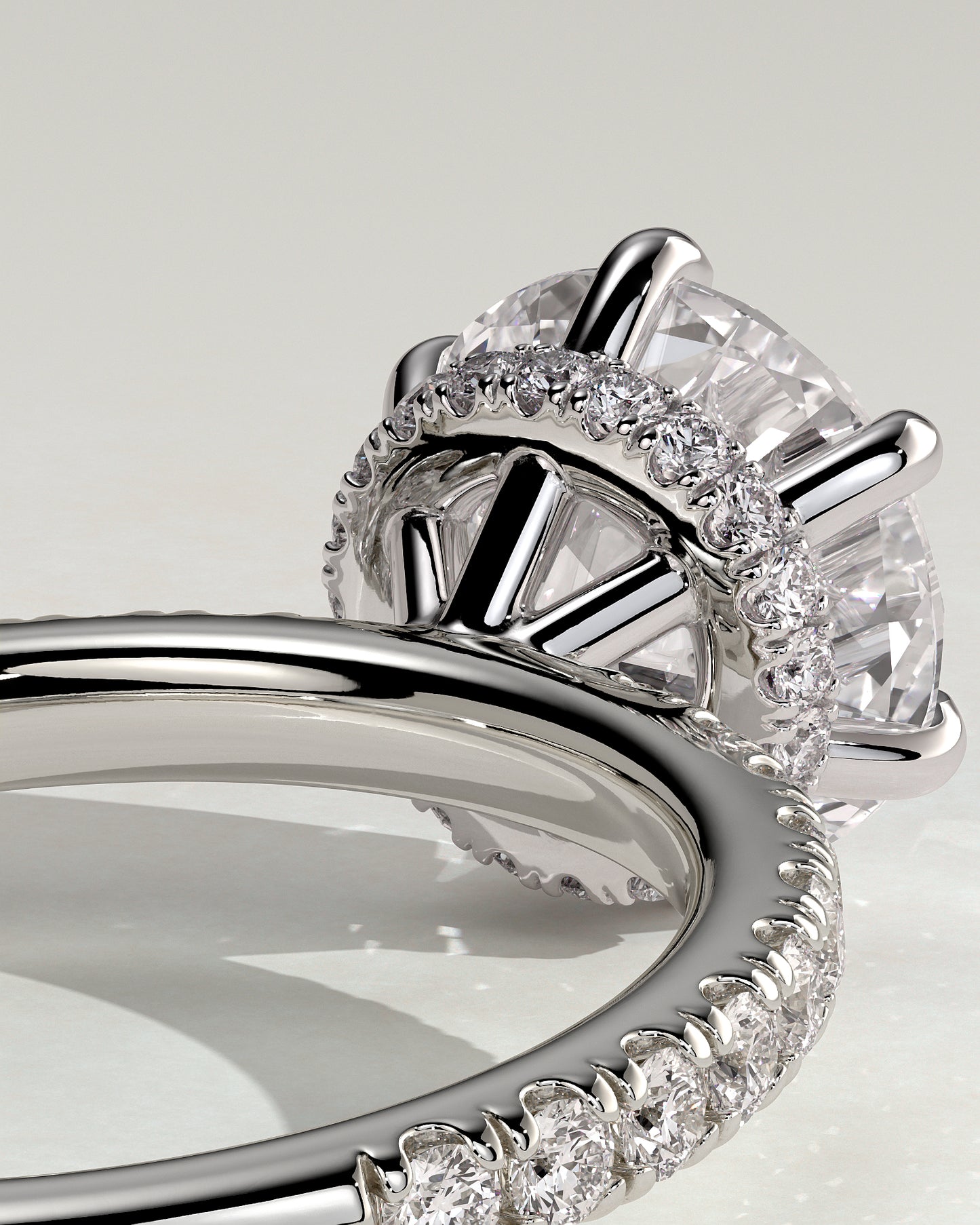 Amanda - Round Claw Solitaire with Wrap Around Hidden Halo and Pave Band Engagement Ring - Platinum - White Gold / Platinum 2ct