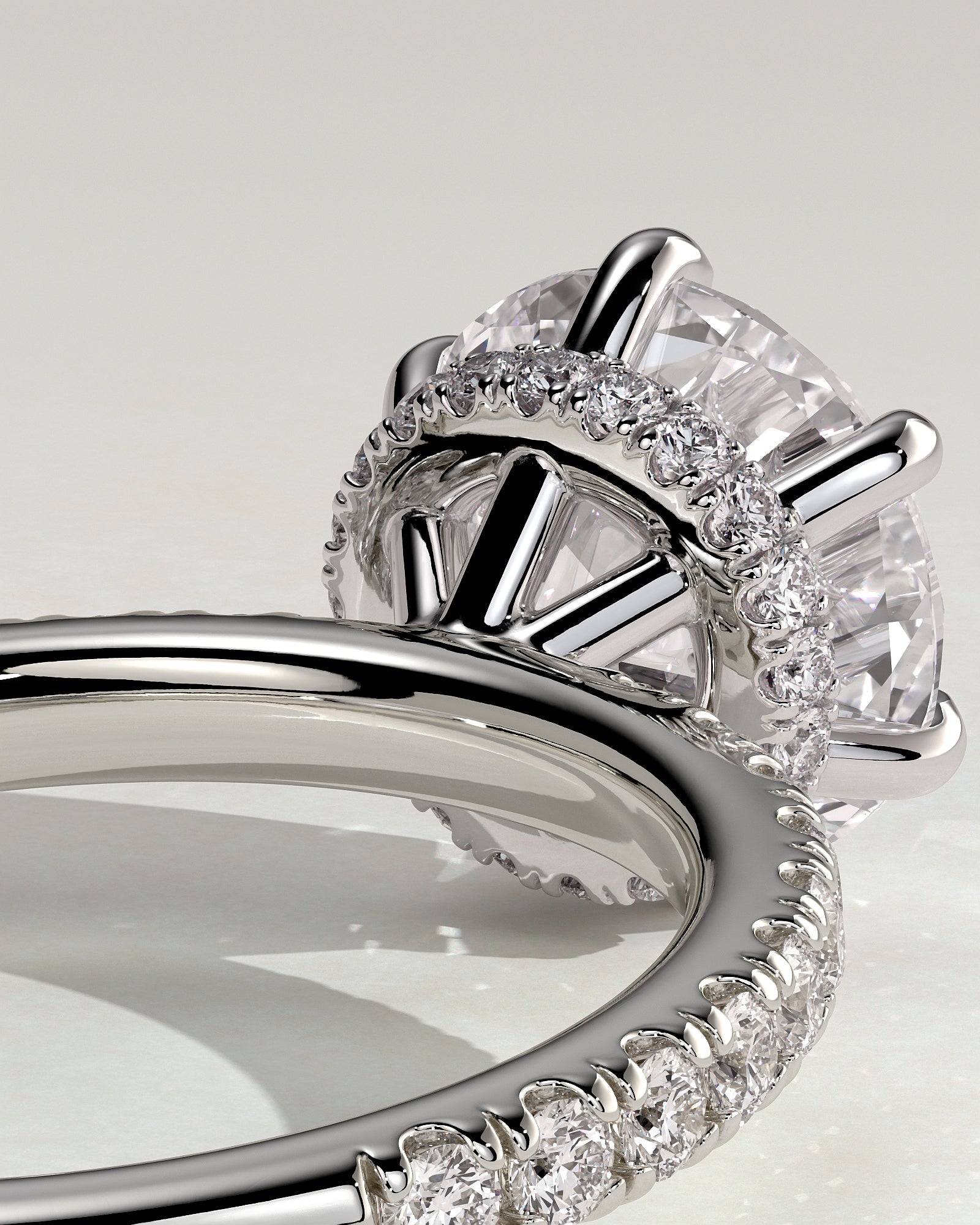 Amanda - Round Claw Solitaire with Wrap Around Hidden Halo and Pave Band Engagement Ring - Platinum - White Gold / Platinum 2ct