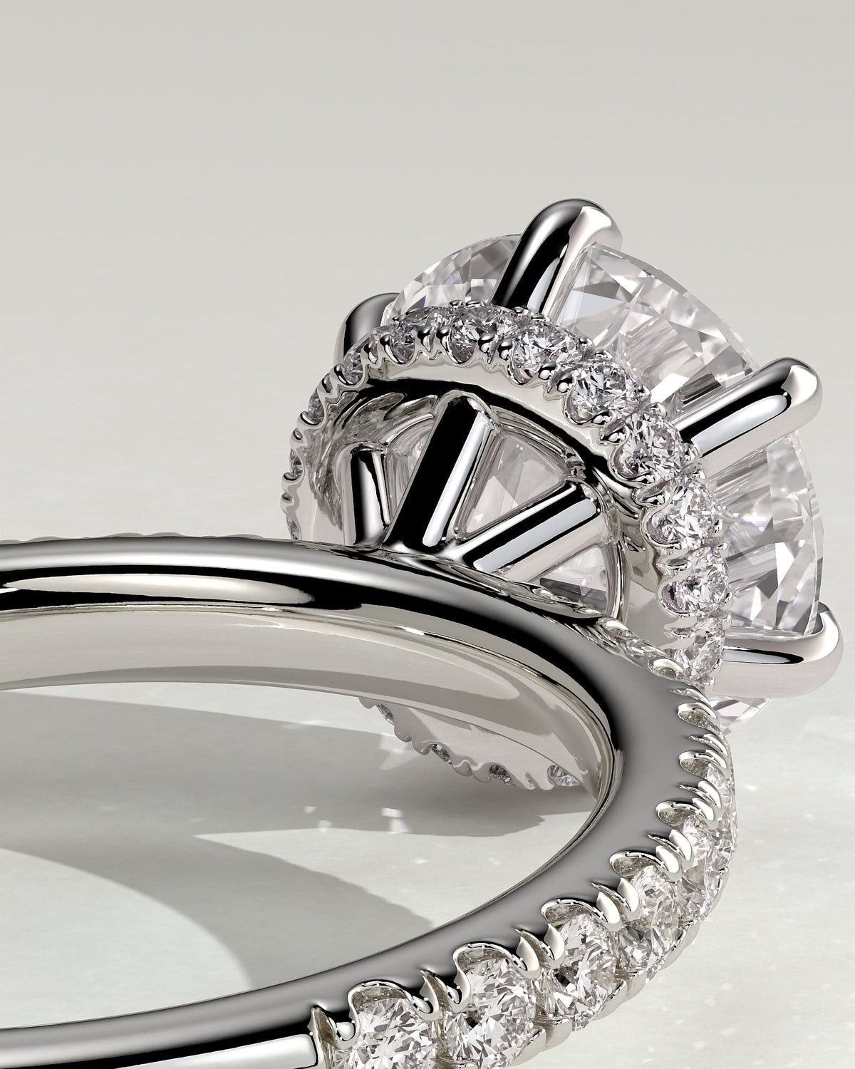 Amanda - Round Claw Solitaire with Wrap Around Hidden Halo and Pave Band Engagement Ring - White Gold - white gold - Lara Jewels
