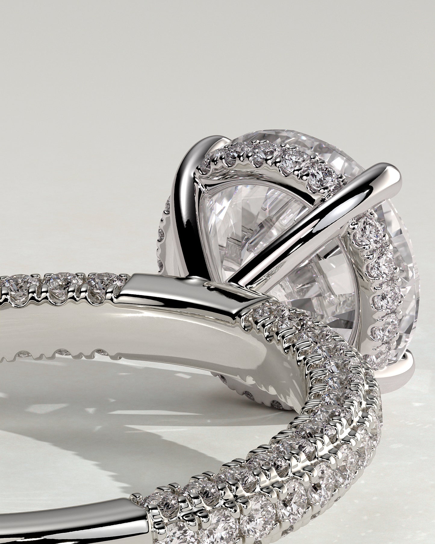 Alex - Round Claw Solitaire with Hidden Halo and Triple Pave Band Engagement Ring - Platinum - White Gold / Platinum 2ct