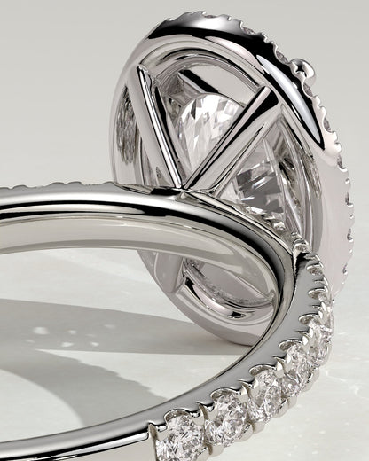 Aurora - Oval Claw Solitaire with Halo and Pave Band Engagement Ring - Platinum