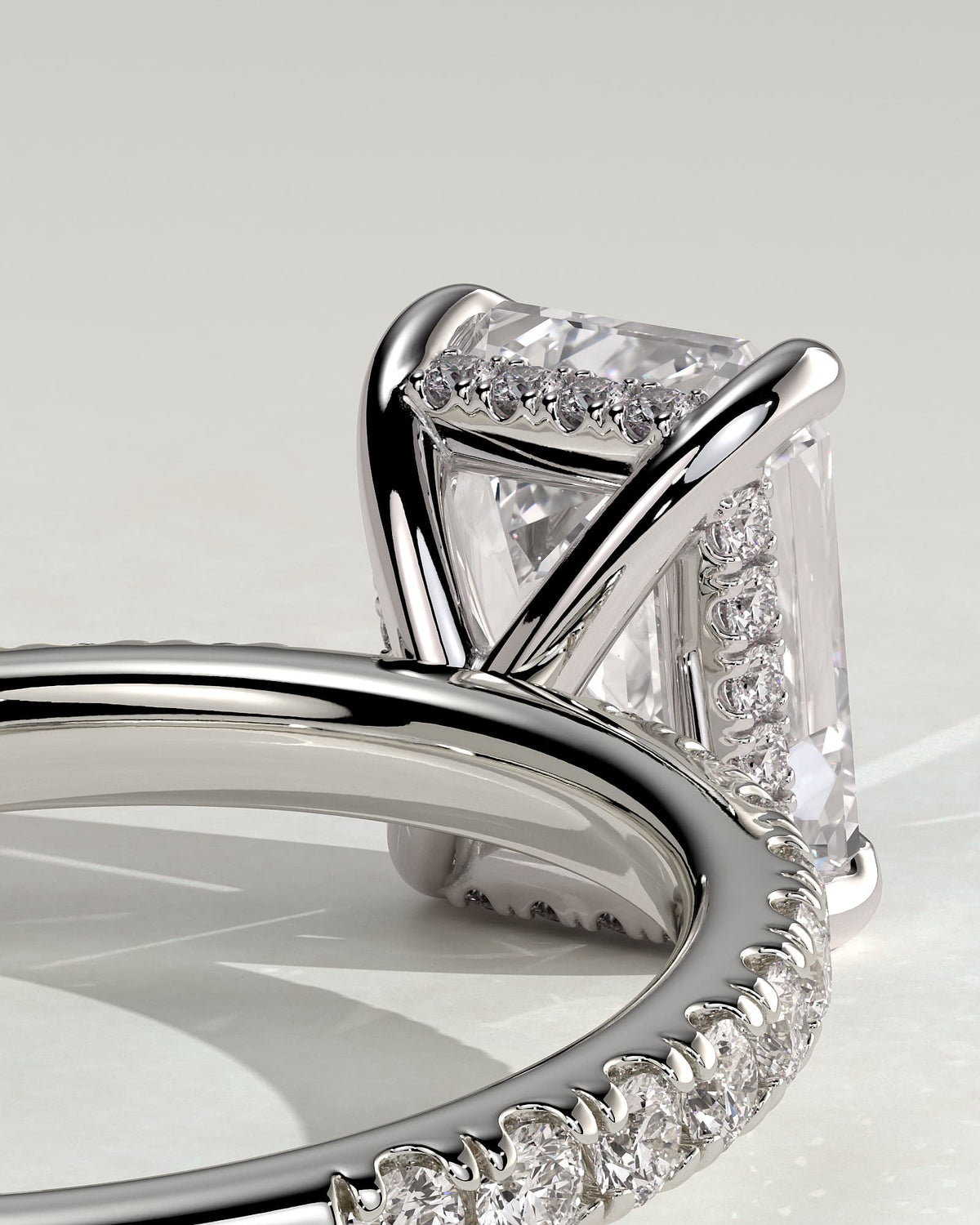 Gwyneth - Emerald Claw Solitaire with Hidden Halo and Pave Band Engagement Ring - White Gold