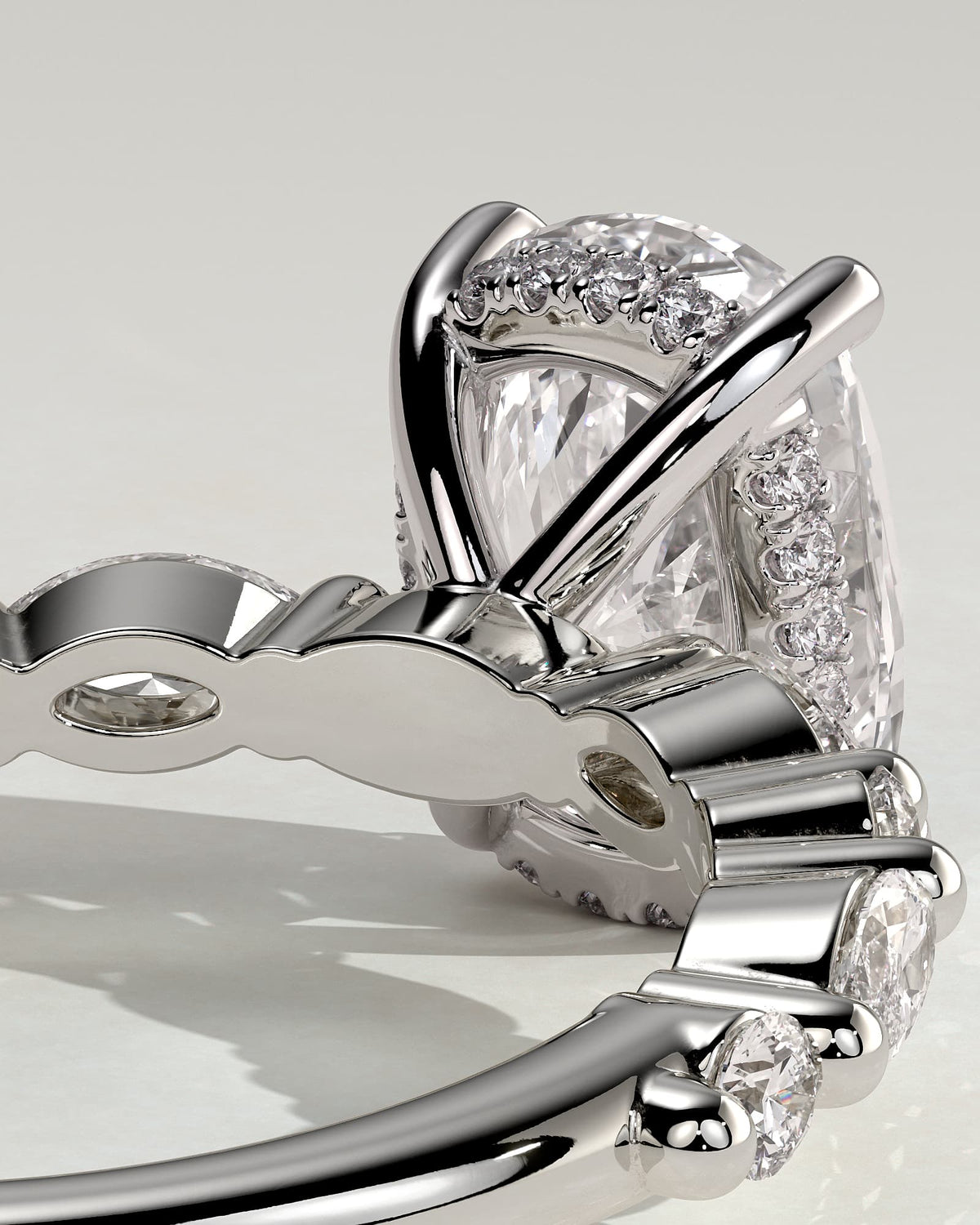 Cali - Elongated Cushion Claw Solitaire with Marquise-Round Accent Stones and Hidden Halo Engagement Ring - White Gold