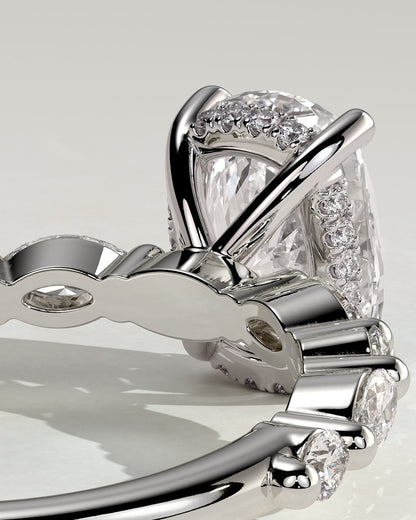 Cali - Elongated Cushion Claw Solitaire with Marquise-Round Accent Stones and Hidden Halo Engagement Ring - White Gold