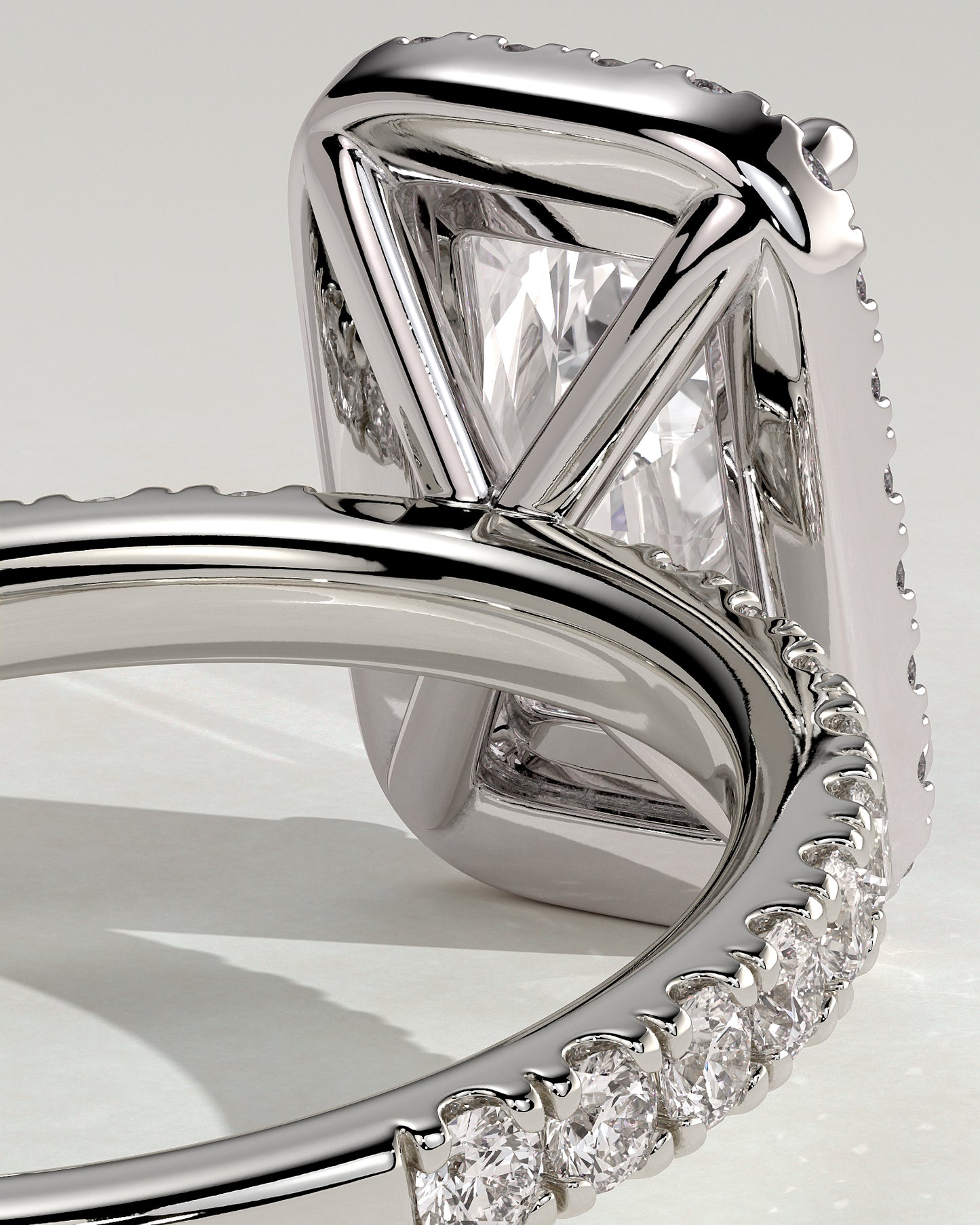 Catherine - Radiant Claw Solitaire with Halo and Pave Band Engagement Ring - Platinum - White Gold / Platinum 2ct