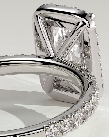 Catherine - Radiant Claw Solitaire with Halo and Pave Band Engagement Ring - Platinum
