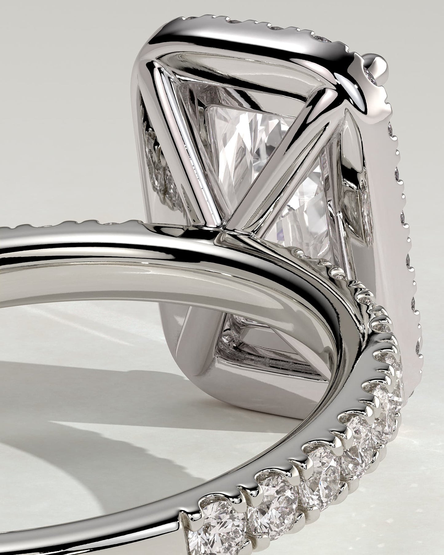 Catherine - Radiant Claw Solitaire with Halo and Pave Band Engagement Ring - White Gold