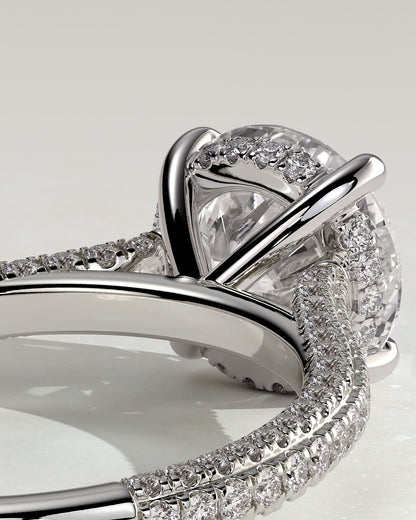 Chelsea - Round Claw Solitaire with Hidden Halo, Triple Pave Band and Cathedral High Setting Engagement Ring - Platinum