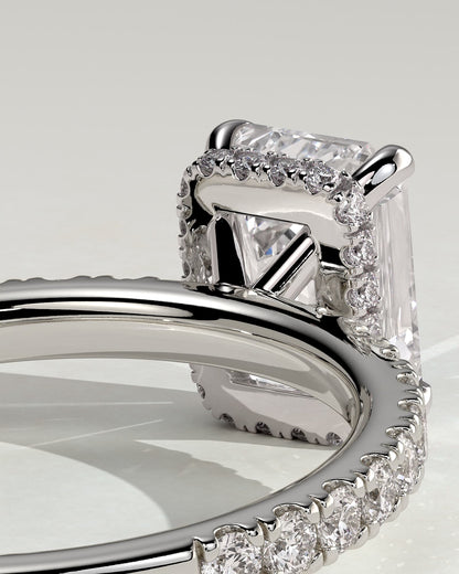 Eliana - Emerald Claw Solitaire with Wrap Around Hidden Halo and Pave Band Engagement Ring - Platinum