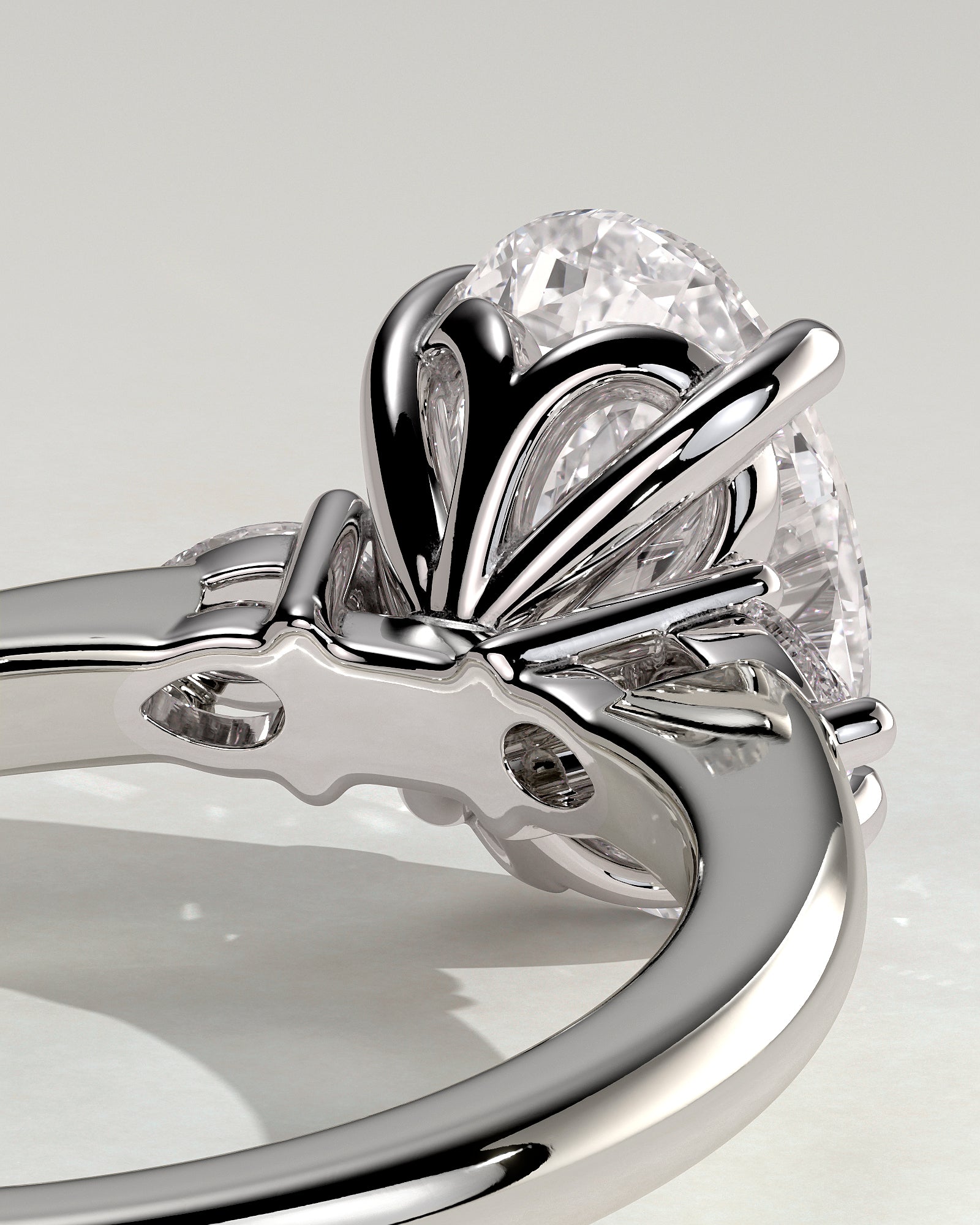 Elena - Oval Claw Trilogy with Pear Side Stones and Tulip Detail Engagement Ring - Platinum - White Gold / Platinum 2ct