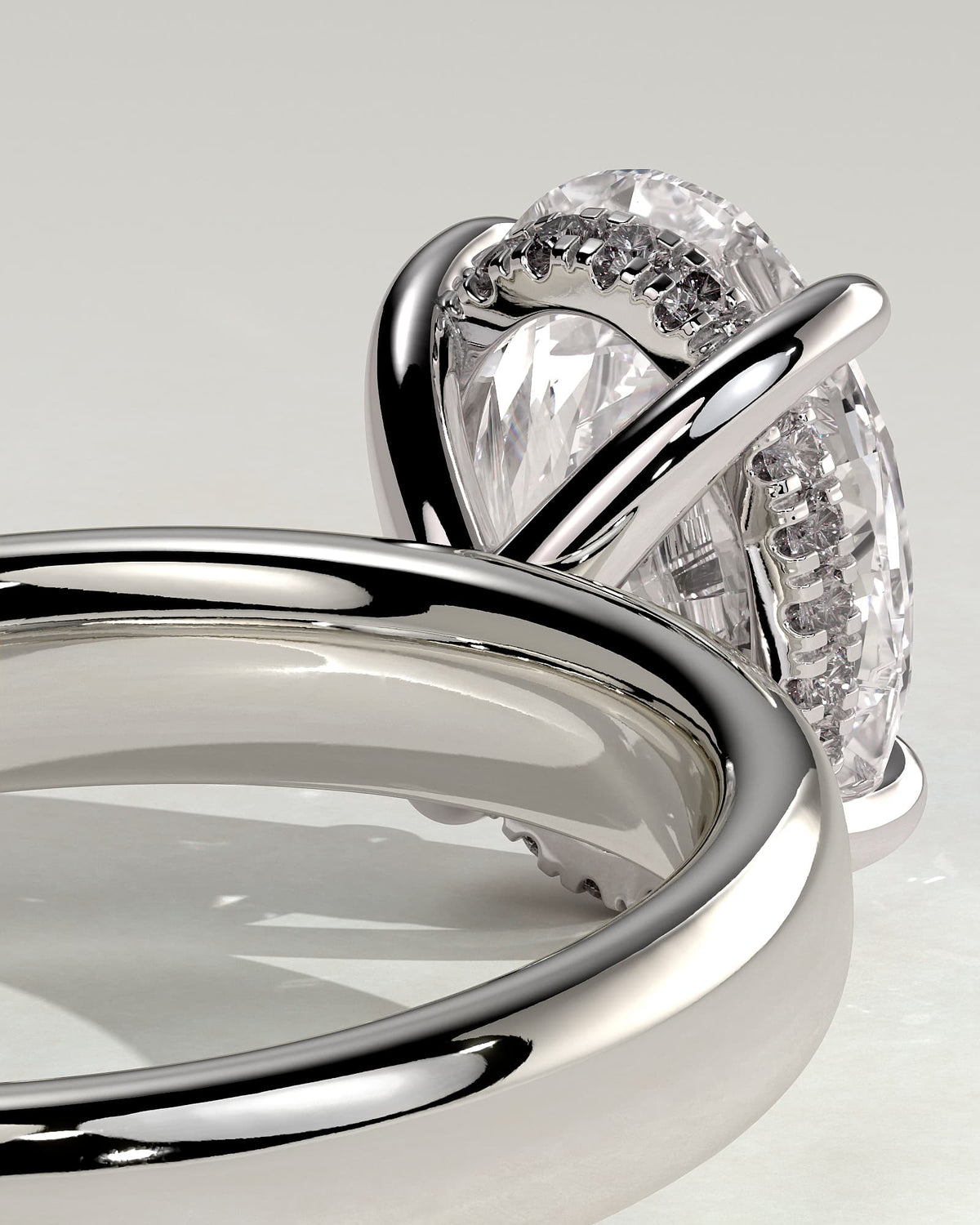 Bronte - Oval Claw Solitaire with Cigar Band and Hidden Halo Engagement Ring - White Gold