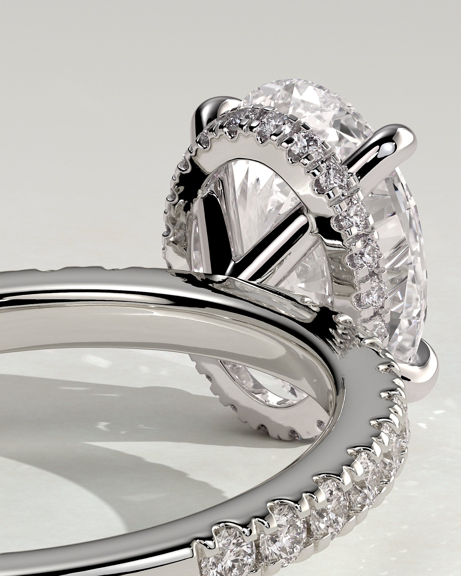 Evangeline - Oval Claw Solitaire with Wrap Around Hidden Halo and Pave Band Engagement Ring - Platinum - White Gold / Platinum 2ct