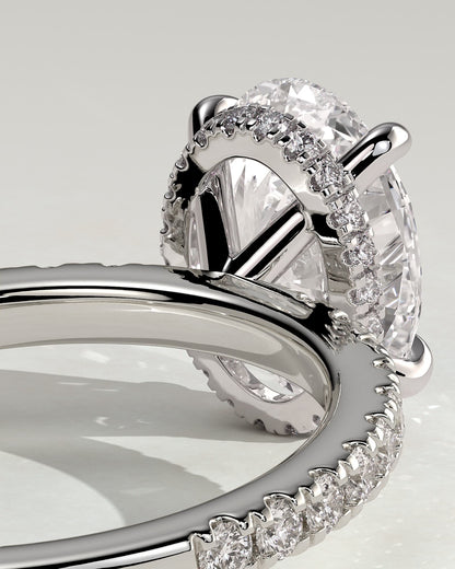 Evangeline - Oval Claw Solitaire with Wrap Around Hidden Halo and Pave Band Engagement Ring - White Gold