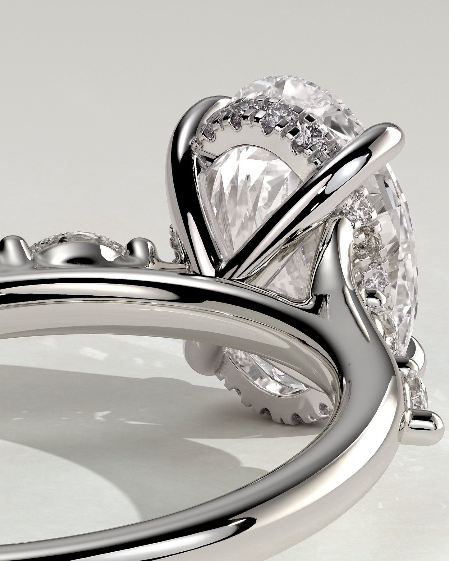 Jamie - Oval Claw Solitaire with Hidden Halo, Opposing Marquise Accents and Cathedral High Setting Engagement Ring - Platinum - White Gold / Platinum 2ct
