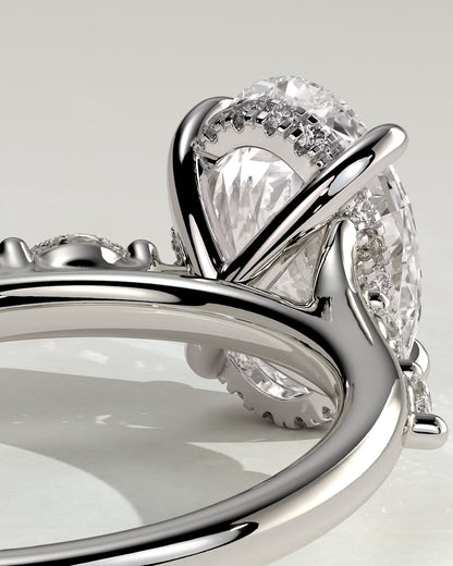 Jamie - Oval Claw Solitaire with Hidden Halo, Opposing Marquise Accents and Cathedral High Setting Engagement Ring - White Gold