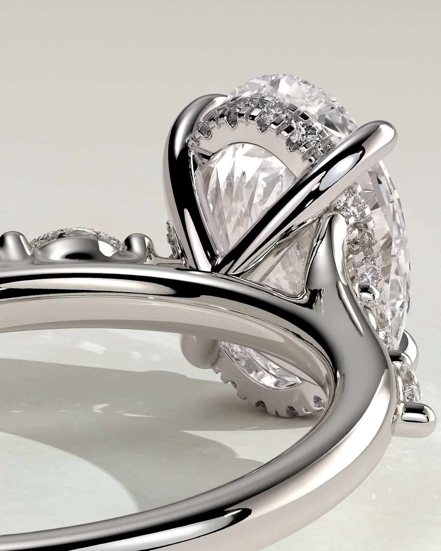Jamie - Oval Claw Solitaire with Hidden Halo, Opposing Marquise Accents and Cathedral High Setting Engagement Ring - Platinum