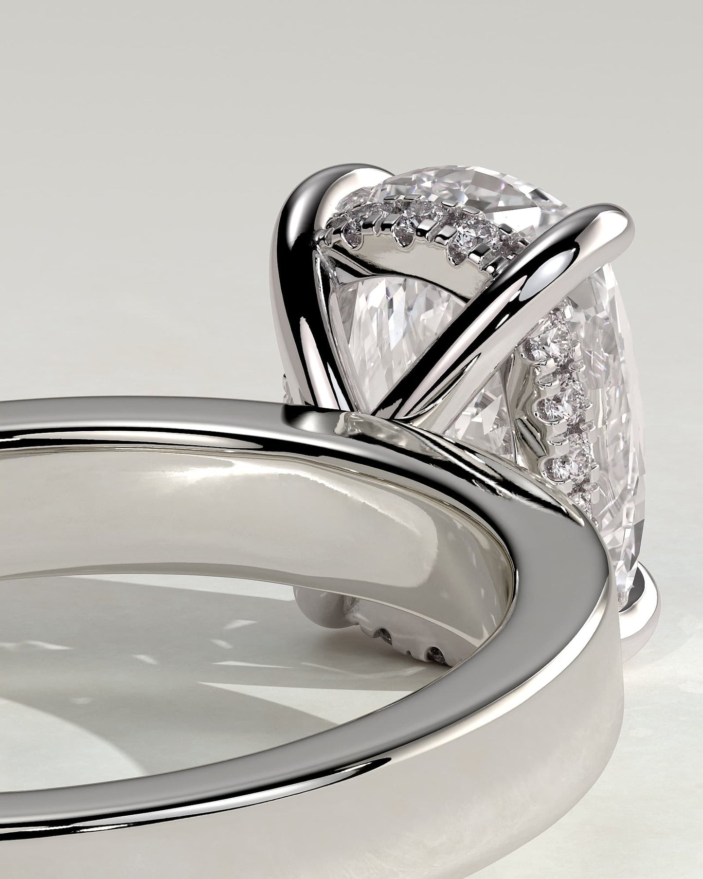 Kai - Elongated Cushion Claw Solitaire with Flat Cigar Band and Hidden Halo Engagement Ring - White Gold