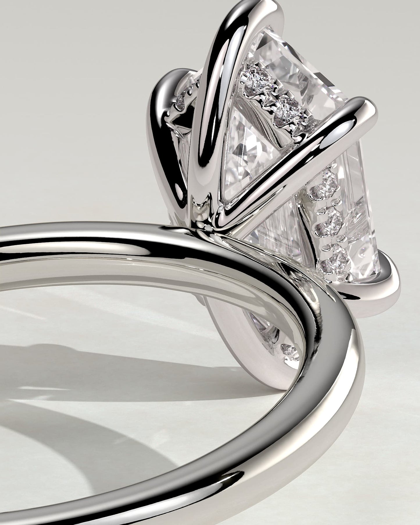 Delta - Elongated Hexagon Claw Solitaire with Hidden Halo Engagement Ring - White Gold