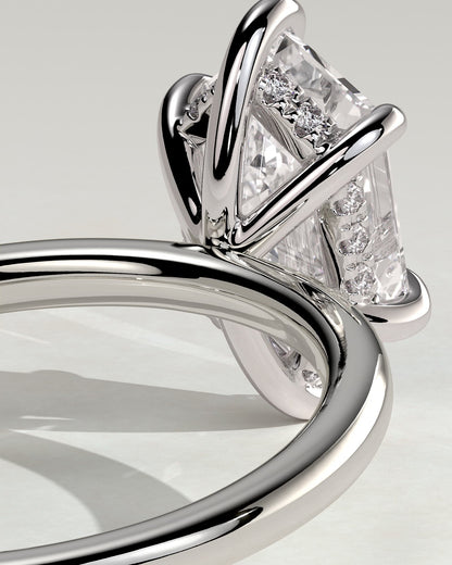 Delta - Elongated Hexagon Claw Solitaire with Hidden Halo Engagement Ring - White Gold