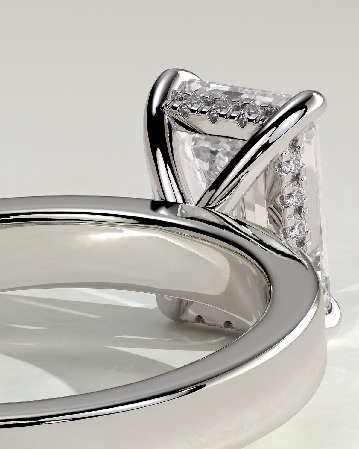 Carmella - Emerald Claw Solitaire with Flat Cigar Band and Hidden Halo Engagement Ring - White Gold