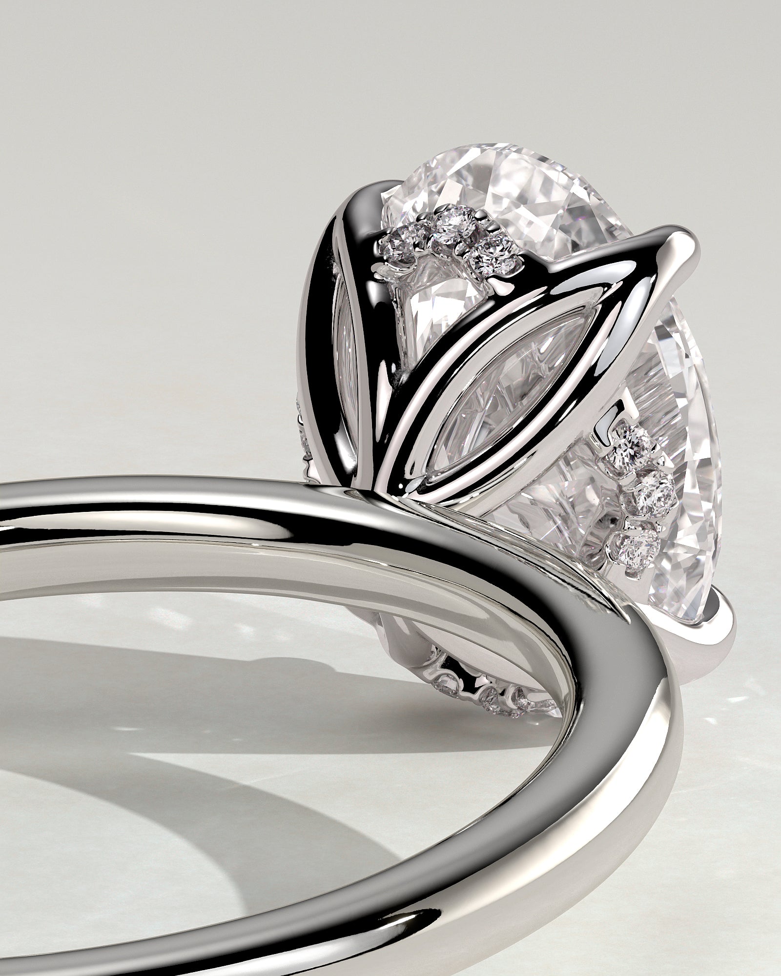 Ivy - Oval Claw Solitaire with Petal Gallery and Accented Tiara Detail Engagement Ring - Platinum - White Gold / Platinum 2ct