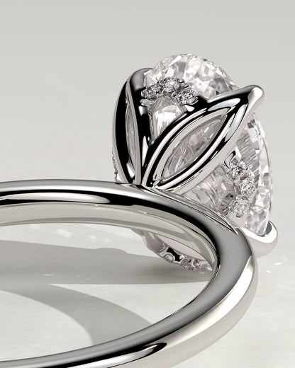 Ivy - Oval Claw Solitaire with Petal Gallery and Accented Tiara Detail Engagement Ring - Platinum