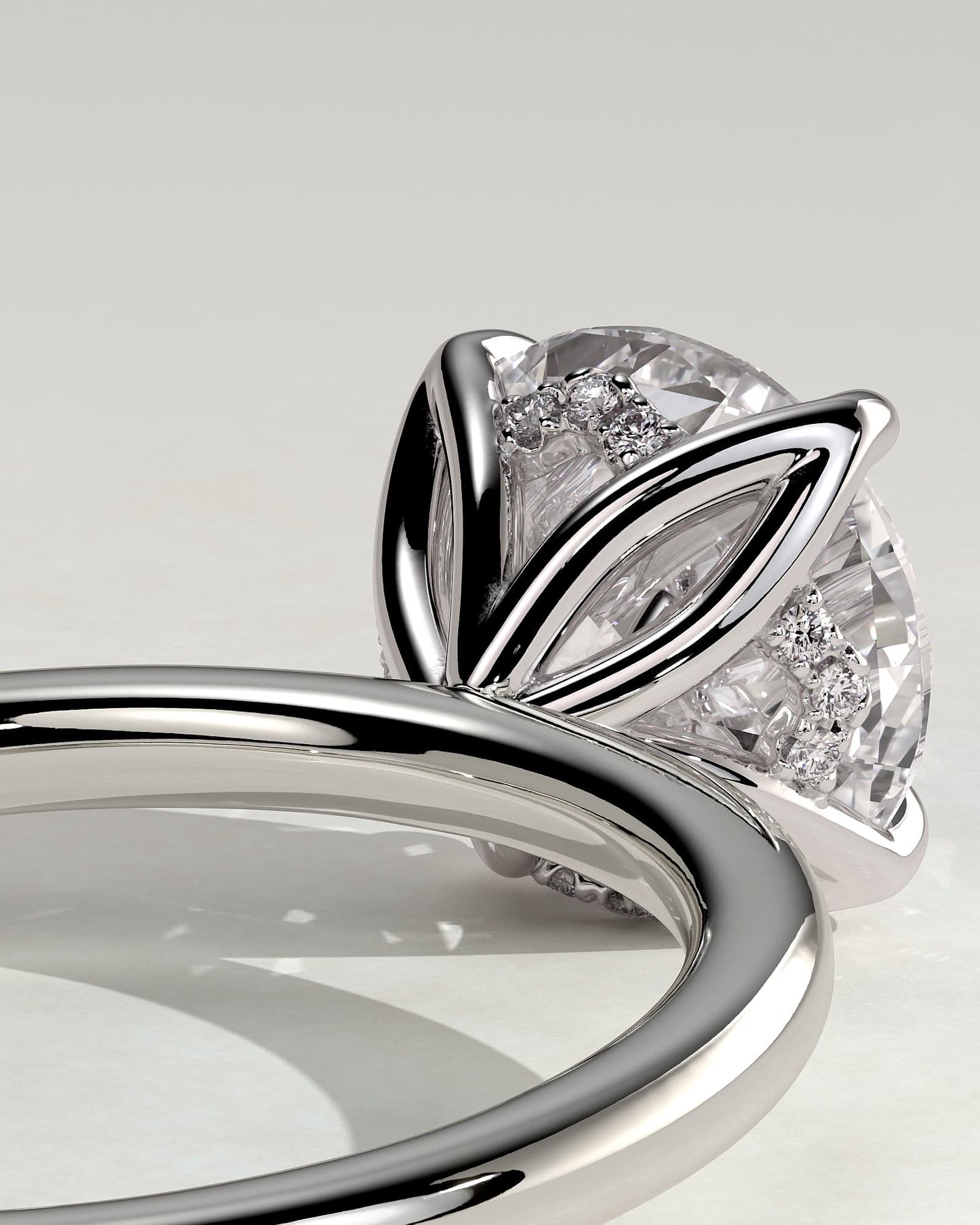 Dahlia - Round Claw Solitaire with Petal Gallery and Accented Tiara Detail Engagement Ring - White Gold