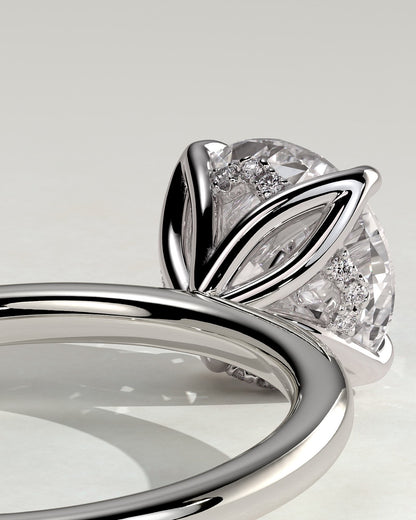 Dahlia - Round Claw Solitaire with Petal Gallery and Accented Tiara Detail Engagement Ring - White Gold