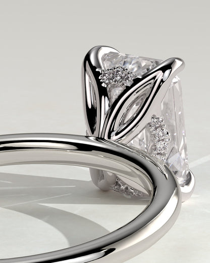 Freesia - Emerald Claw Solitaire with Petal Gallery and Accented Tiara Detail Engagement Ring - Platinum