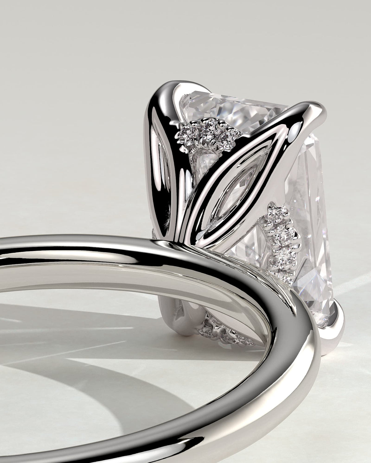 Freesia - Emerald Claw Solitaire with Petal Gallery and Accented Tiara Detail Engagement Ring - White Gold