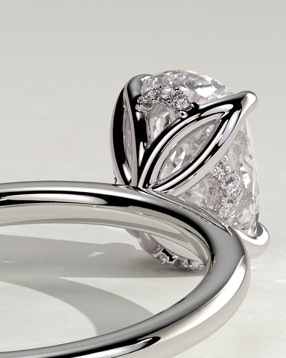 Poppy - Elongated Cushion Claw Solitaire with Petal Gallery and Accented Tiara Detail Engagement Ring - Platinum