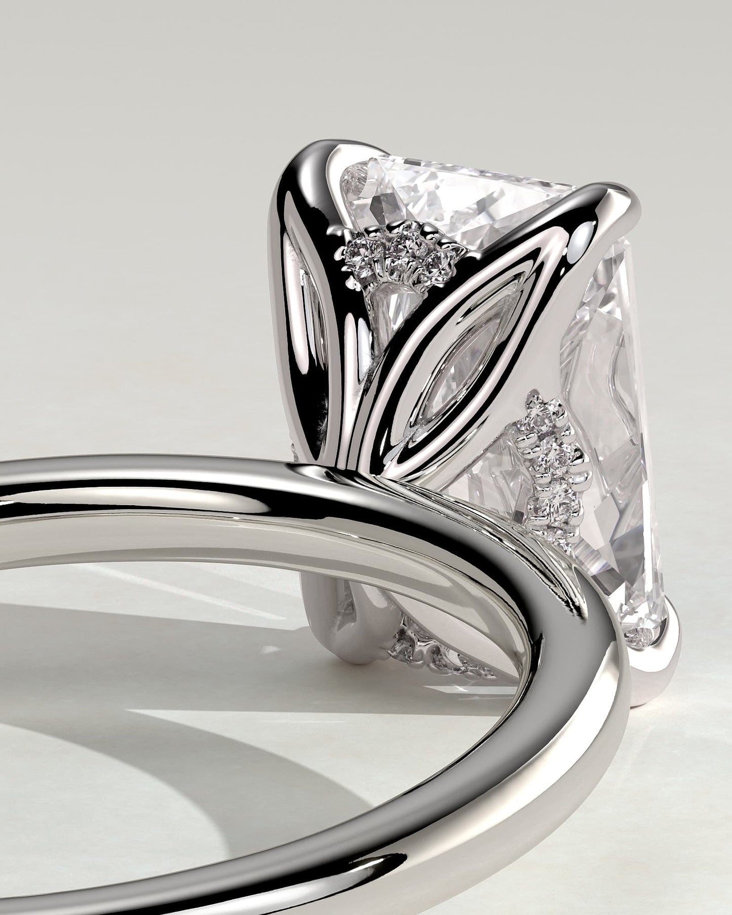 Aster - Radiant Claw Solitaire with Petal Gallery and Accented Tiara Detail Engagement Ring - White Gold