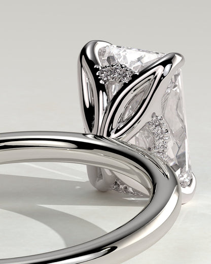 Aster - Radiant Claw Solitaire with Petal Gallery and Accented Tiara Detail Engagement Ring - White Gold