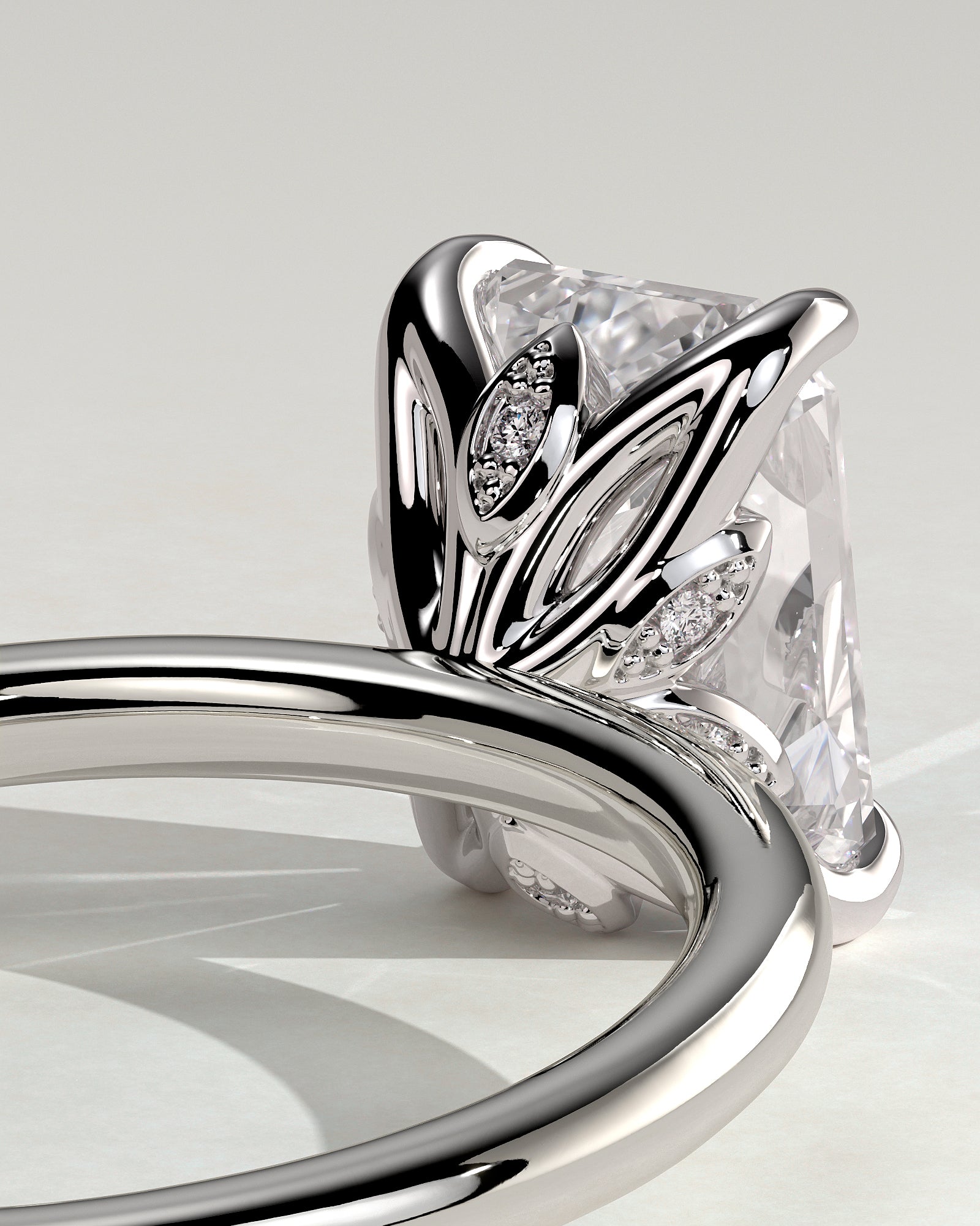 Dove - Emerald Claw Solitaire with Petal Gallery and Accent Leaf Detail Engagement Ring - Platinum - White Gold / Platinum 2ct