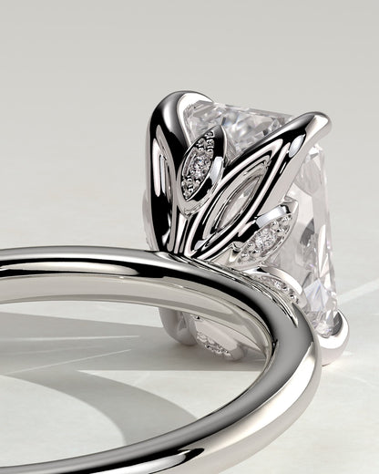 Dove - Emerald Claw Solitaire with Petal Gallery and Accent Leaf Detail Engagement Ring - White Gold