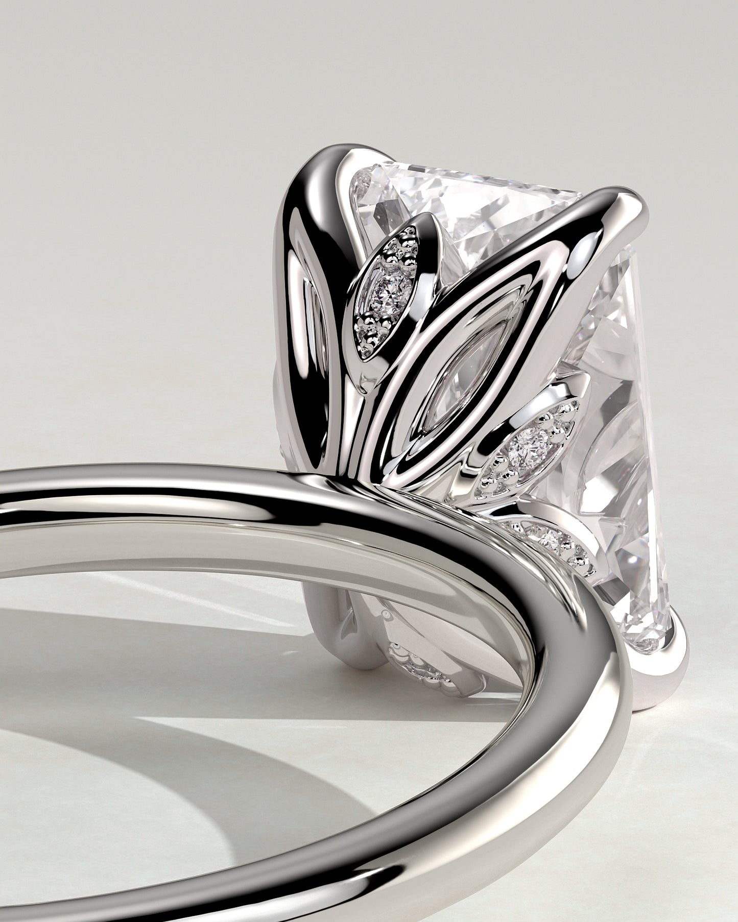 Evie - Radiant Claw Solitaire with Petal Gallery and Accent Leaf Detail Engagement Ring - Platinum - White Gold / Platinum 2ct