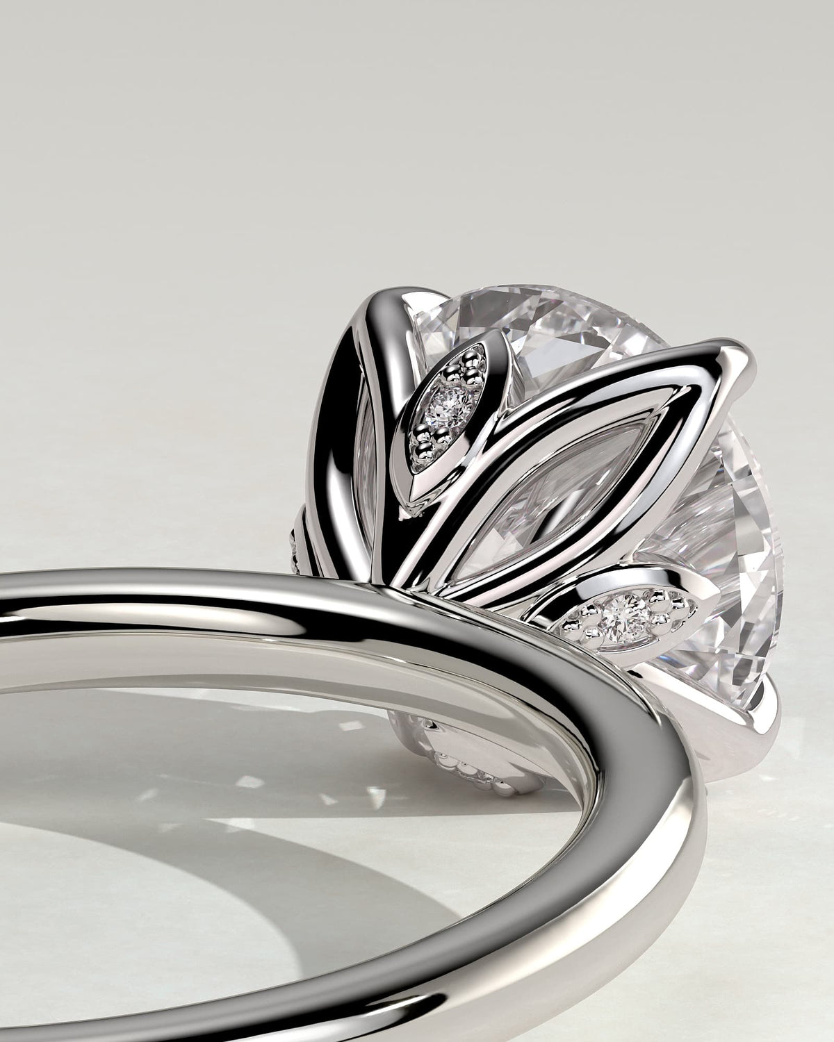 Joy - Round Claw Solitaire with Petal Gallery and Accent Leaf Detail Engagement Ring - White Gold