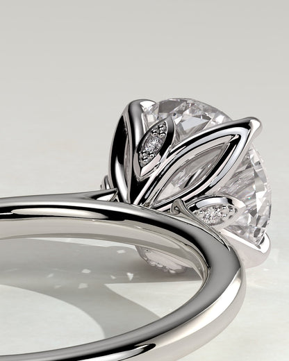 Brianna - Round Claw Solitaire with Petal Gallery, Accent Leaf Detail and Cathedral Setting Engagement Ring - Platinum