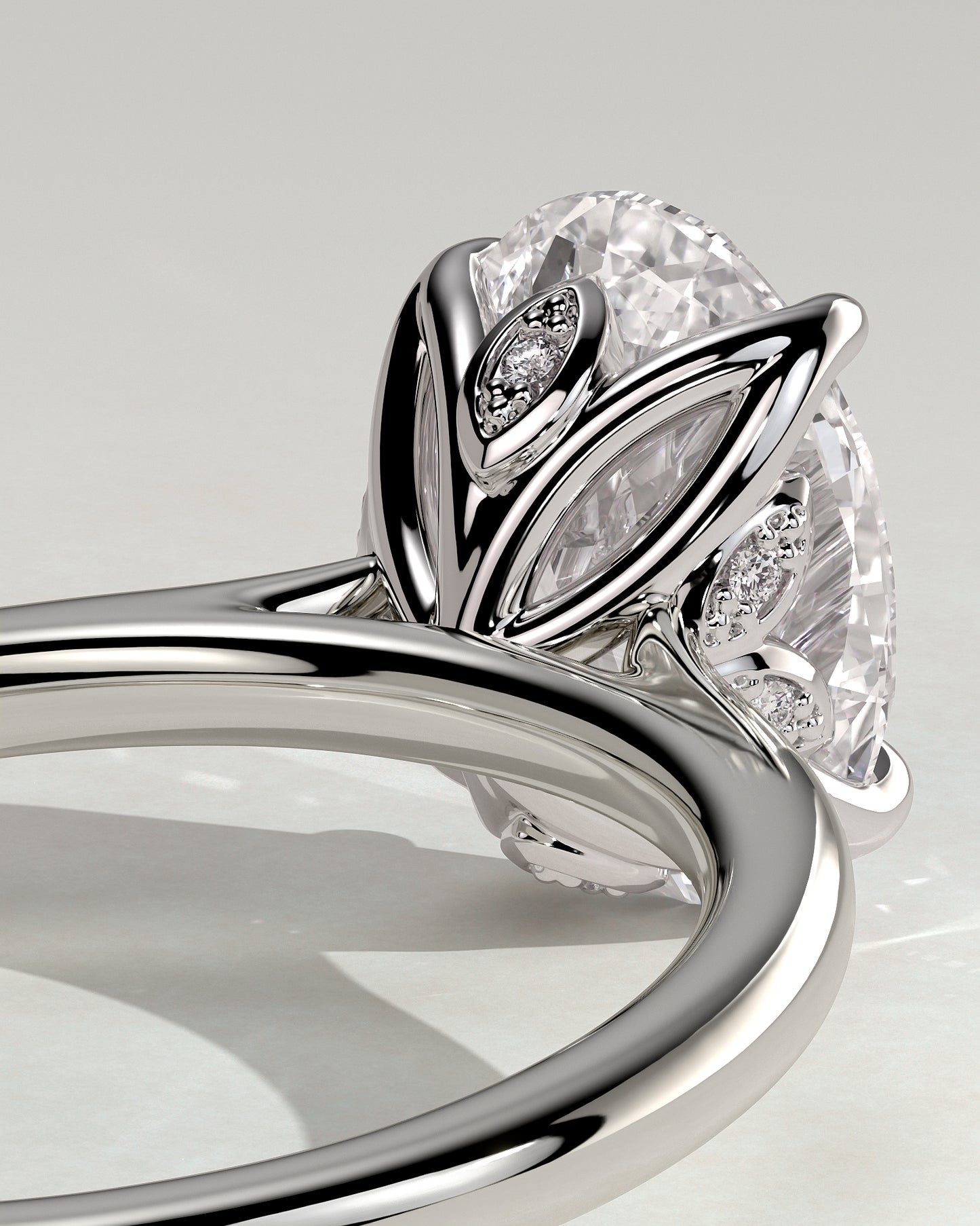 Erica - Oval Claw Solitaire with Petal Gallery, Accent Leaf Detail and Cathedral Setting Engagement Ring - Platinum - White Gold / Platinum 2ct