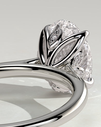 Erica - Oval Claw Solitaire with Petal Gallery, Accent Leaf Detail and Cathedral Setting Engagement Ring - Platinum