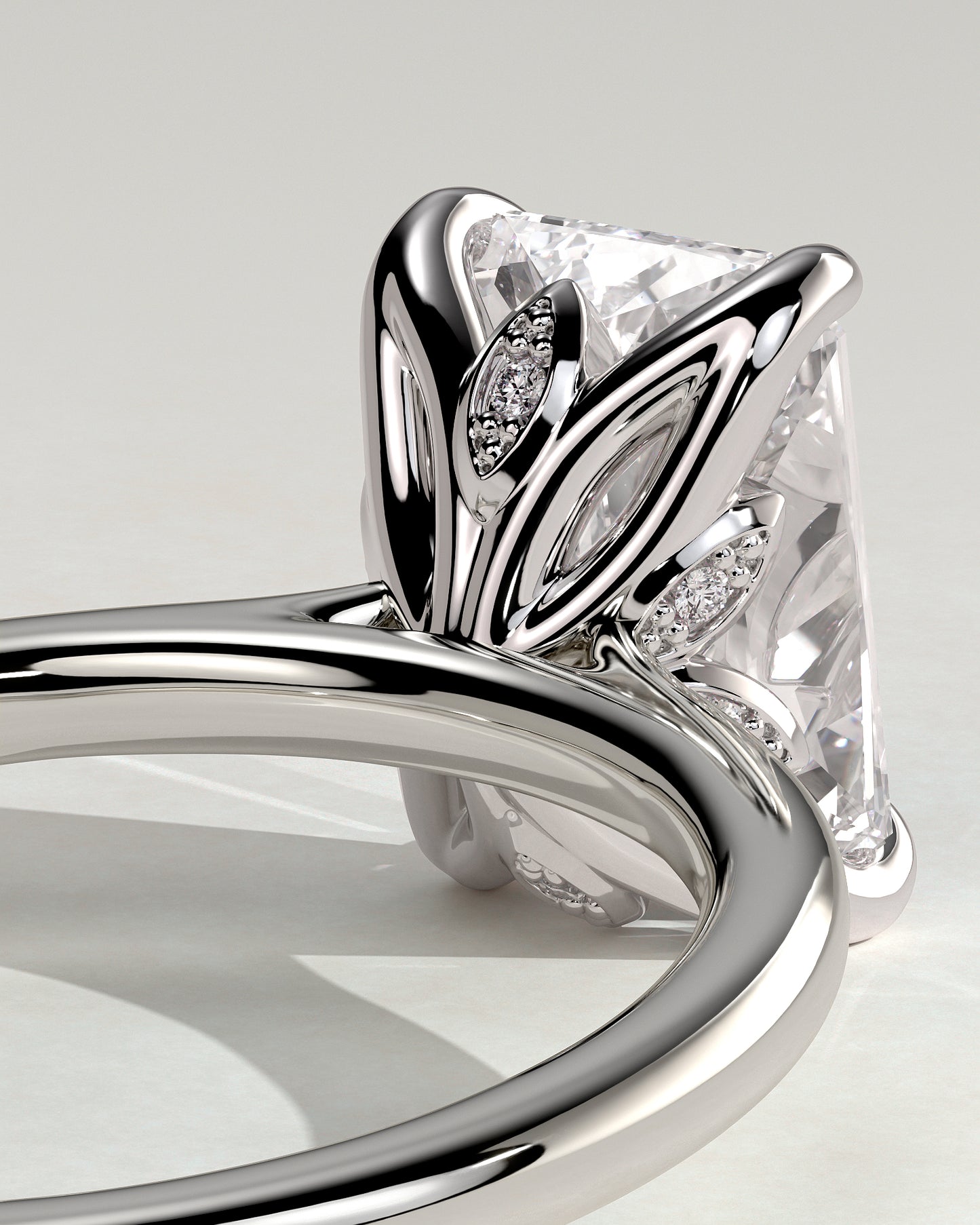 Harriet - Radiant Claw Solitaire with Petal Gallery, Accent Leaf Detail and Cathedral Setting Engagement Ring - Platinum - White Gold / Platinum 2ct
