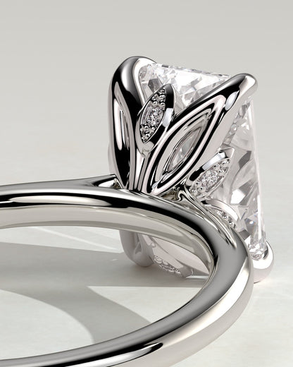 Harriet - Radiant Claw Solitaire with Petal Gallery, Accent Leaf Detail and Cathedral Setting Engagement Ring - White Gold