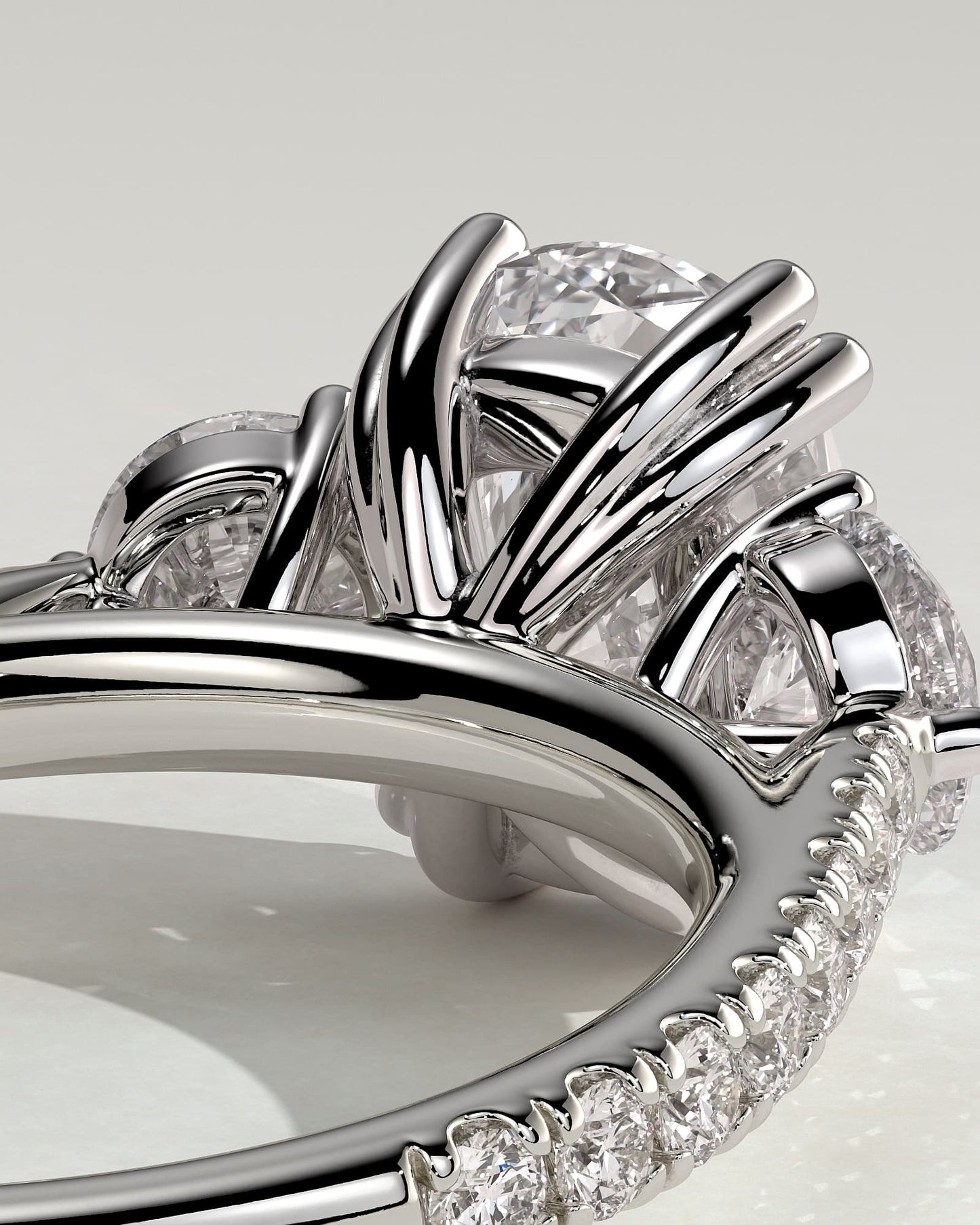 Meghan - Elongated Cushion Double Claw Trilogy with Round Side Stones, Pave Band and Cathedral Setting Engagement Ring - Platinum