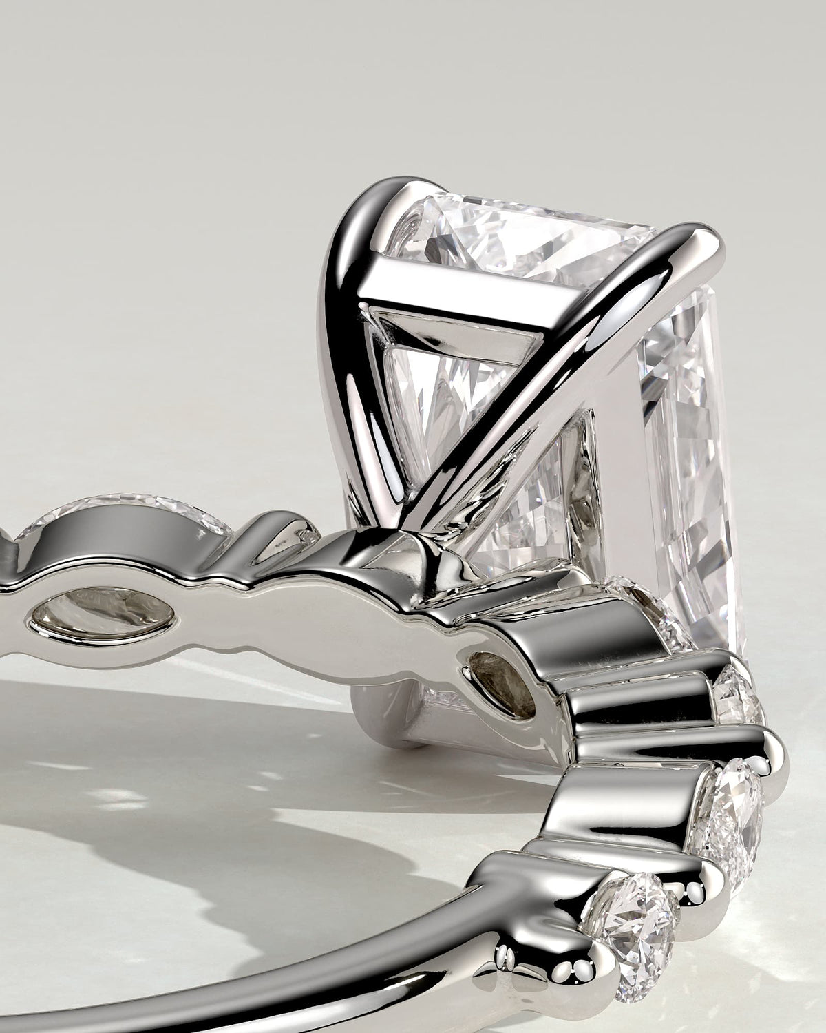 Dayna - Radiant Claw Solitaire with Marquise and Round Accent Stones Engagement Ring - White Gold