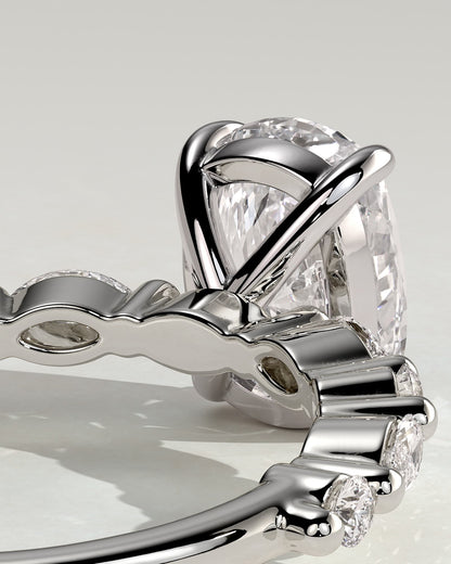 Delphine - Elongated Cushion Claw Solitaire with Marquise and Round Accent Stones Engagement Ring - Platinum