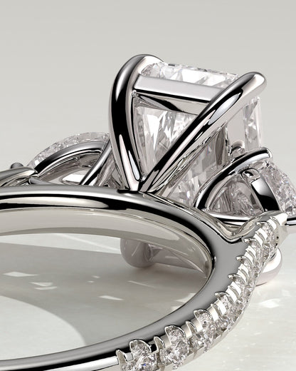 Ginny - Radiant Claw Trilogy with Pear Side Stones and Pave Band Engagement Ring - Platinum