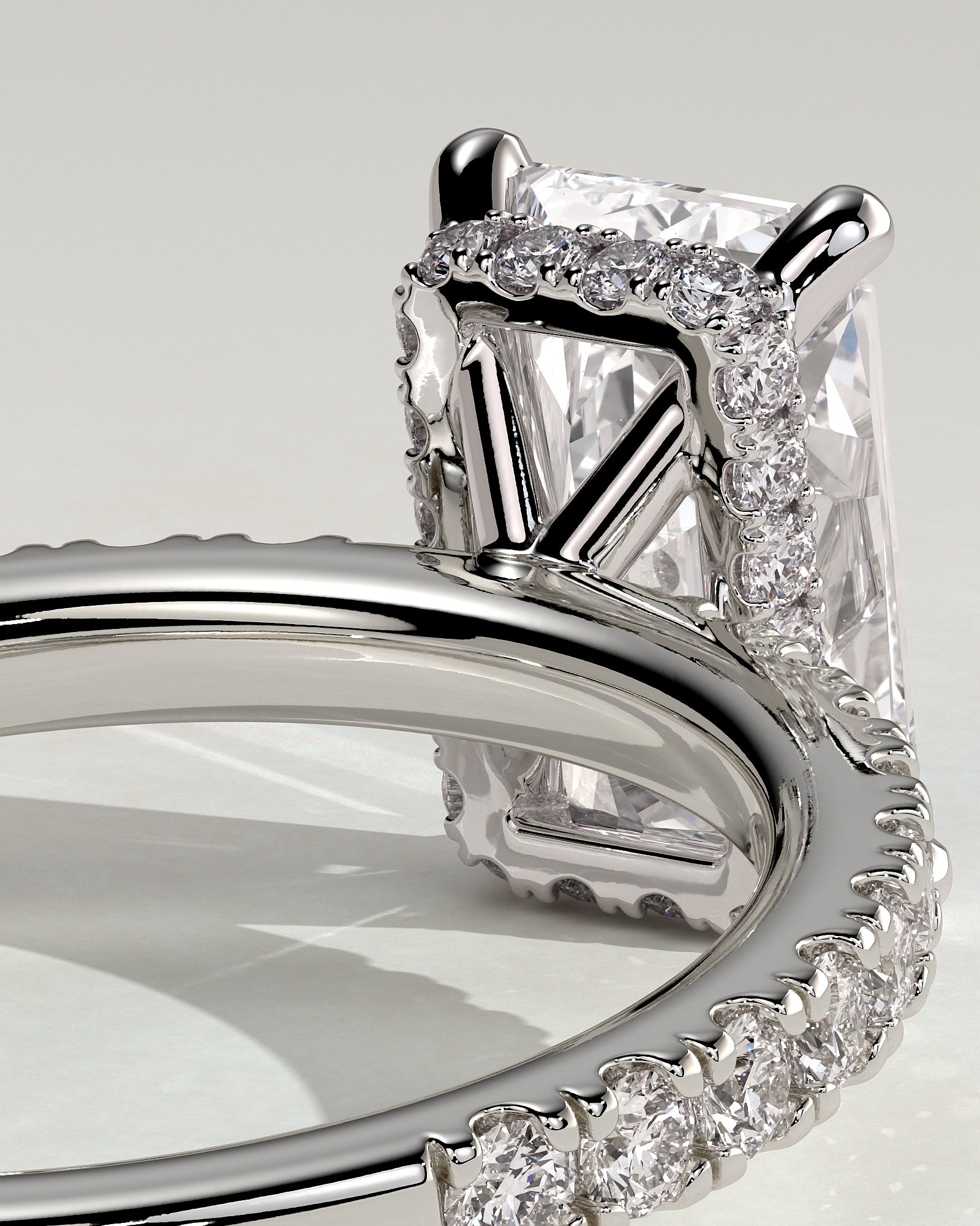 Ellie - Radiant Claw Solitaire with Wrap Around Hidden Halo and Pave Band Engagement Ring - Platinum - White Gold / Platinum 2ct