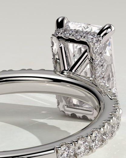 Ellie - Radiant Claw Solitaire with Wrap Around Hidden Halo and Pave Band Engagement Ring - Platinum