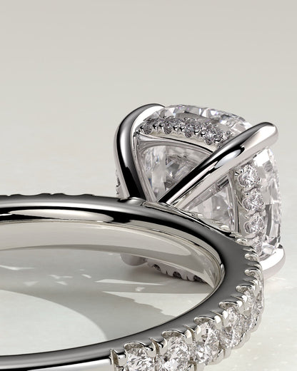 Claudia - Cushion Claw Solitaire with Hidden Halo and Pave Band Engagement Ring - Platinum