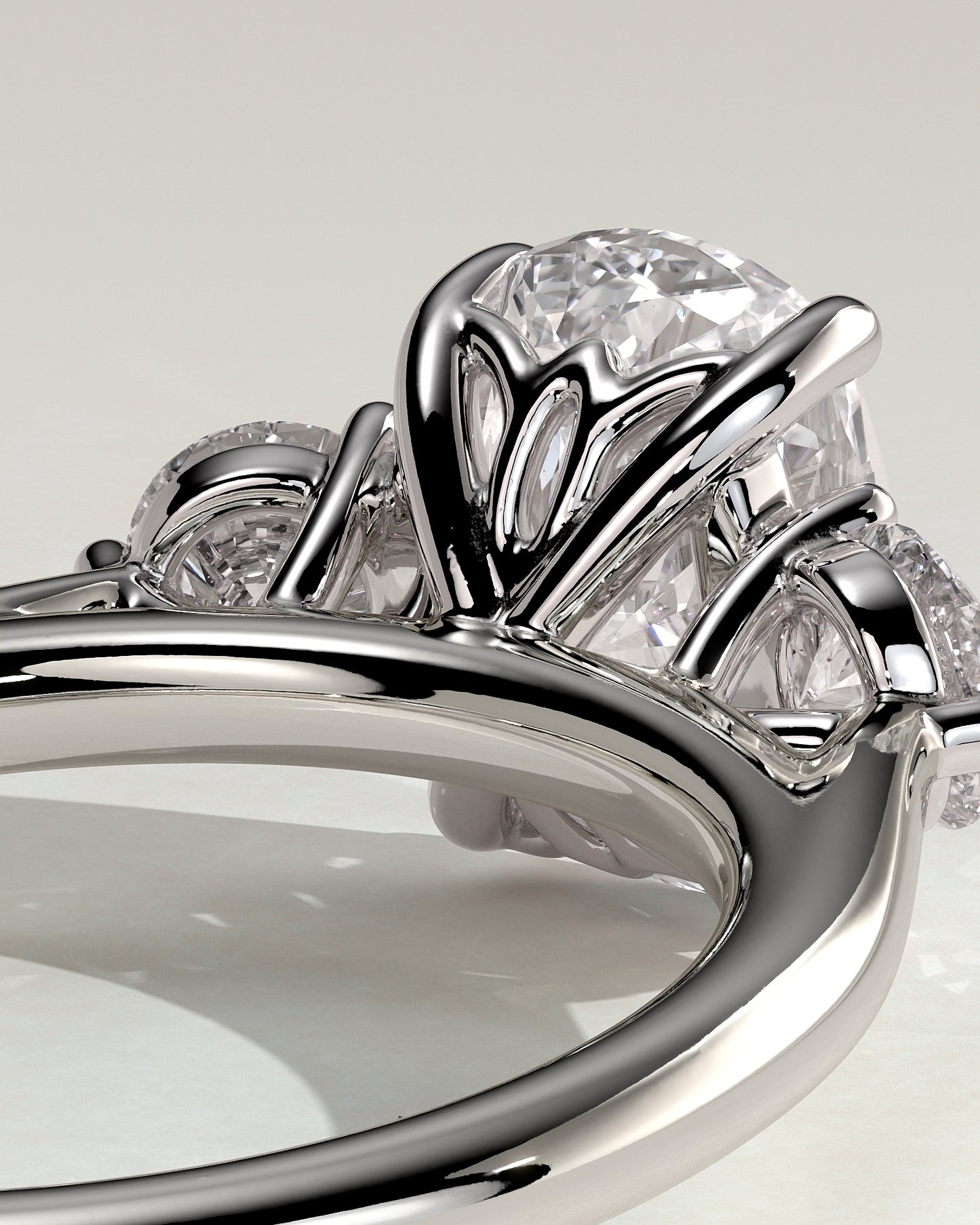 Charmaine - Elongated Cushion Claw Trilogy with Round Side Stones and Lily Detail Engagement Ring - Platinum - White Gold / Platinum 2ct
